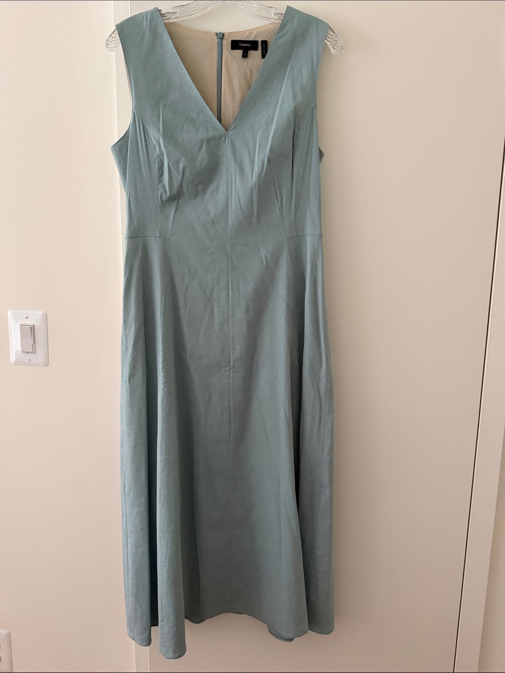 Like new. Theory Dusty Blue Stretch Linen Midi Dress